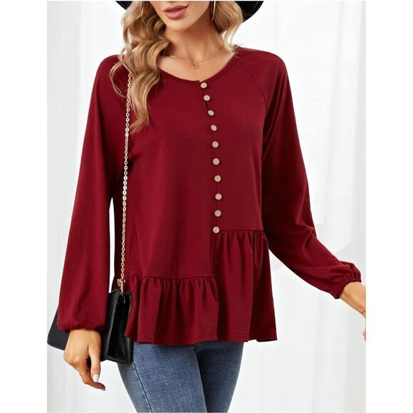 NEW V Neck Button Shirt Asymmetrical Loose Flowy Blouses L - Picture 2 of 6